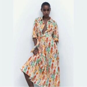 ZARA Melinda Midi Resortwear Ikat Print Oyster White Preppy Style Shirt Dress M